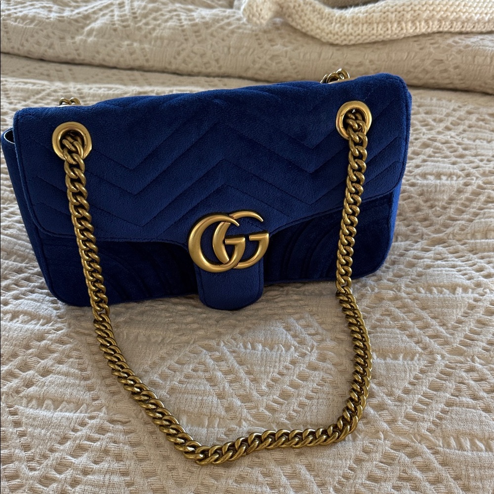 Gucci Royal Blue Velvet Crossbody Bag with Gold Chain